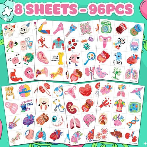 96 Anatomy Temporary Tattoos for Kids | Pre-Cut Body Organ Stickers