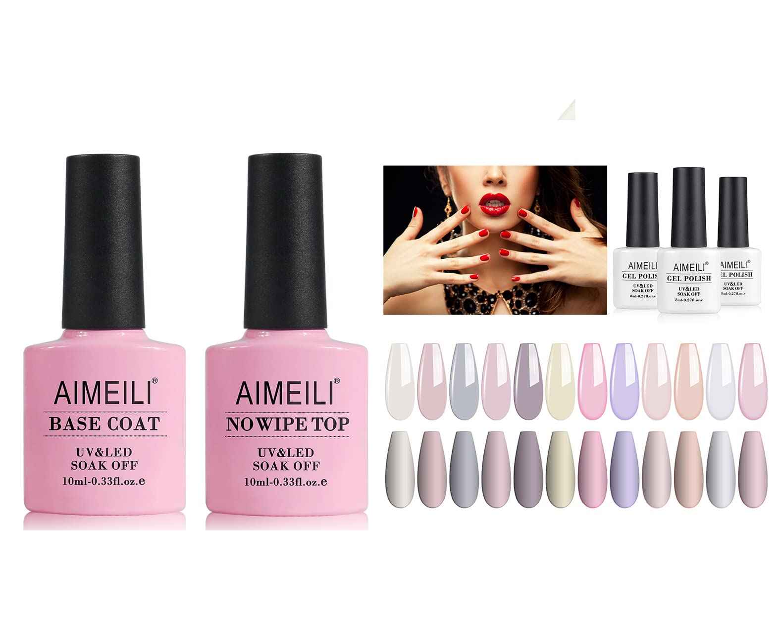 AIMEILI Gel Nail Polish No Wipe Top and Base Coat Set, and Clear Color Pink Nude White Soak Off Gel Nail Polish Set Of 12pcs X 8ml