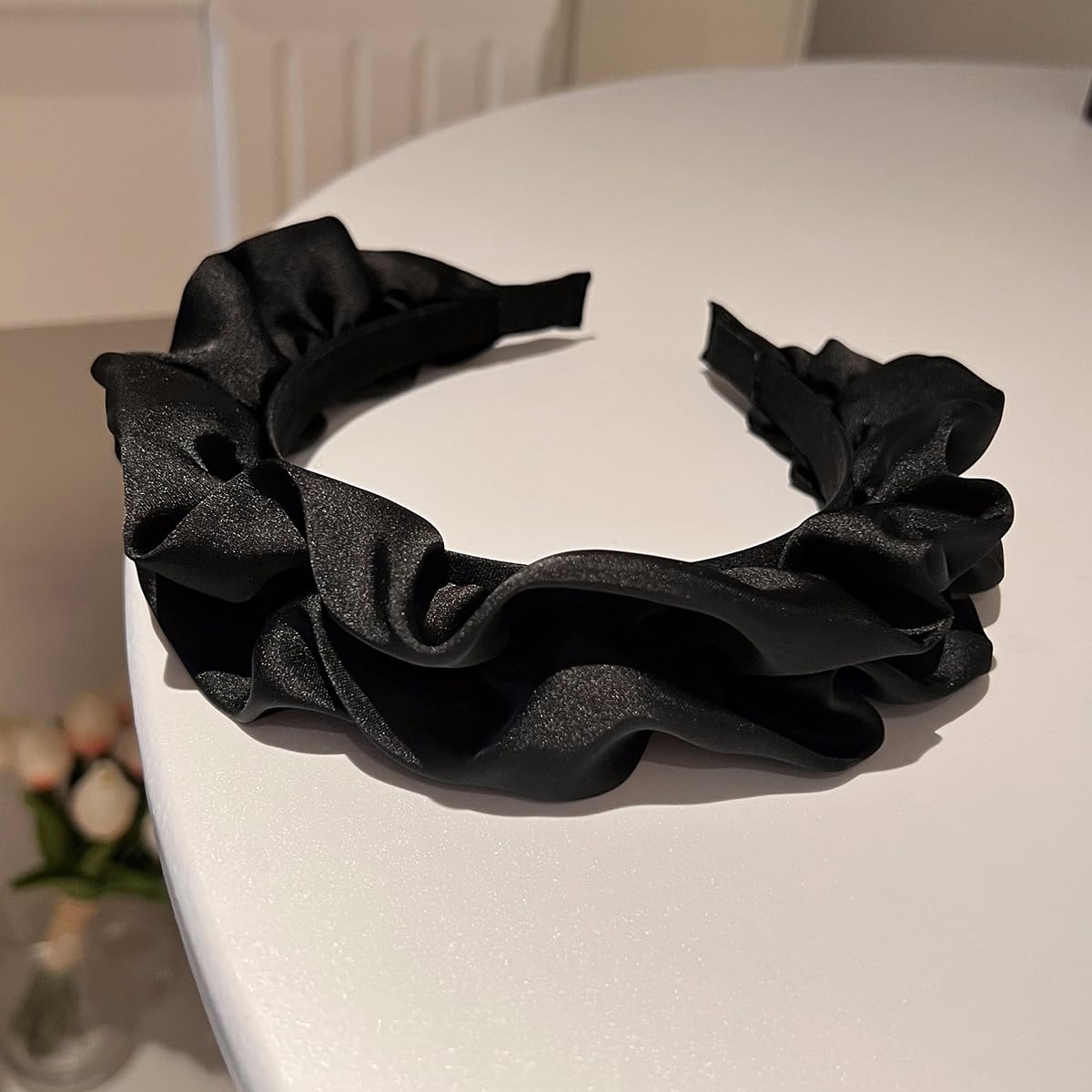 Ababalaya Black Puffy Hairband for Women - Wide Simple Headband, Soft Satin Hair Hoop for Teen Girls, Hair Accessories