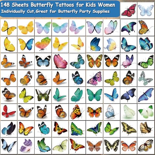 148 Individually Sheets Butterfly Temporary Tattoos for Girls Women - 3D Realistic Butterfly Tattoos for Kids Birthday Party Favors Goodie Bag Fillers