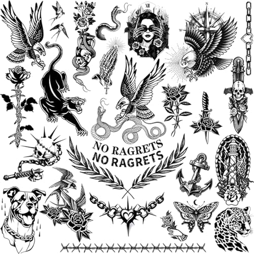 Black Temporary Tattoo Stickers - 12 Sheets Traditional American Tattoos