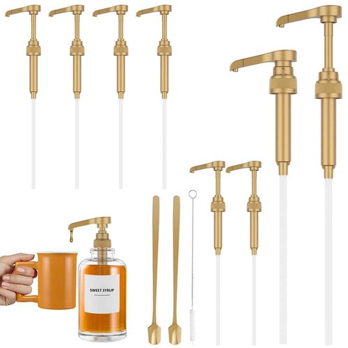 8Pcs Coffee Syrup Pump for 750ml Syrup Bottle Reusable Pump Bottle Dispenser No Dripping Pressed Coffee Syrup Pump Dispenser with 2 Spoons Gold Pump Dispenser Replacement for Tea Coffee