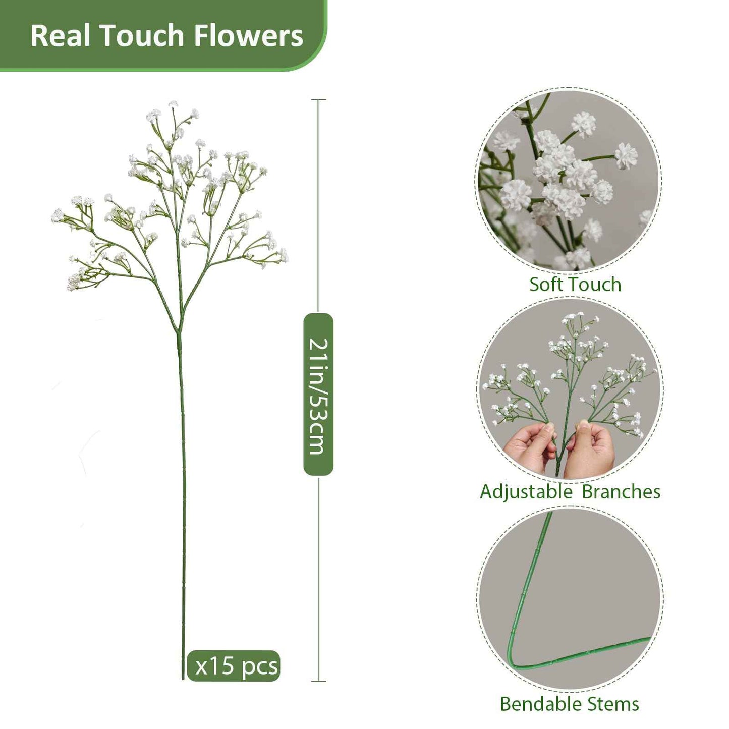 15 Pcs Babys Breath Artificial Flowers, Baby Breath Flowers Artificial Bulk, Real Touch Baby’s Breath Babies Breath Long Stems, Fake White Gypsophila For Bonquet Vase Wedding Decor Flower Arrangement