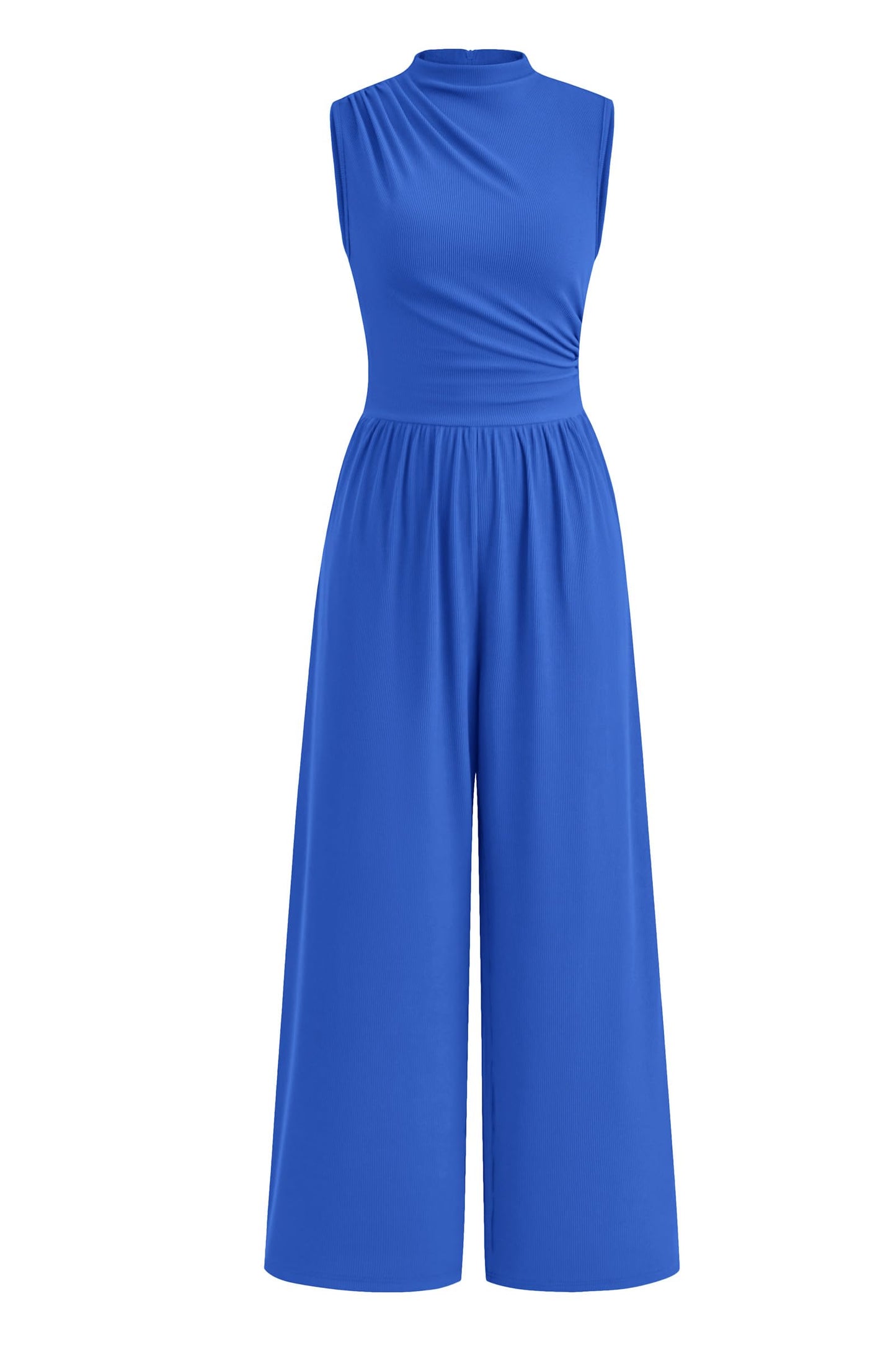 PRETTYGARDEN Womens Summer Jumpsuits Dressy Casual One Piece Outfits Sleeveless Mock Neck Wide Leg Pants Rompers with Pockets (Style2-Blue,Small)