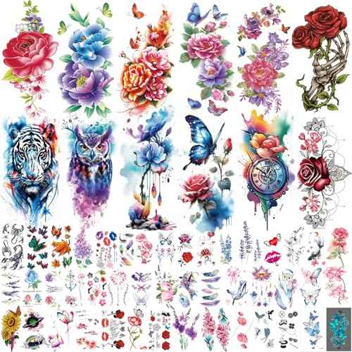 72 Sheets Temporary Tattoos Adult - 12 Sheets Half Arm Fake Tattoos, 60Sheets Tiny Small Tattoos Stickers Realistic, Including Butterflies, Flowers, and Animals Temporary Tattoos Adults and Women