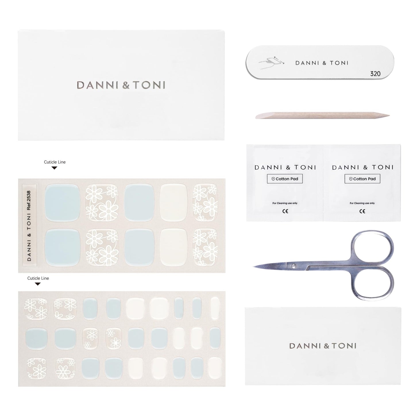 DANNI & TONI Semi Cured Gel Toenail Strips Flowers (Aroma) Light Blue Gel Toenail Stickers Summer Gel Pedi Wraps 37 Stickers