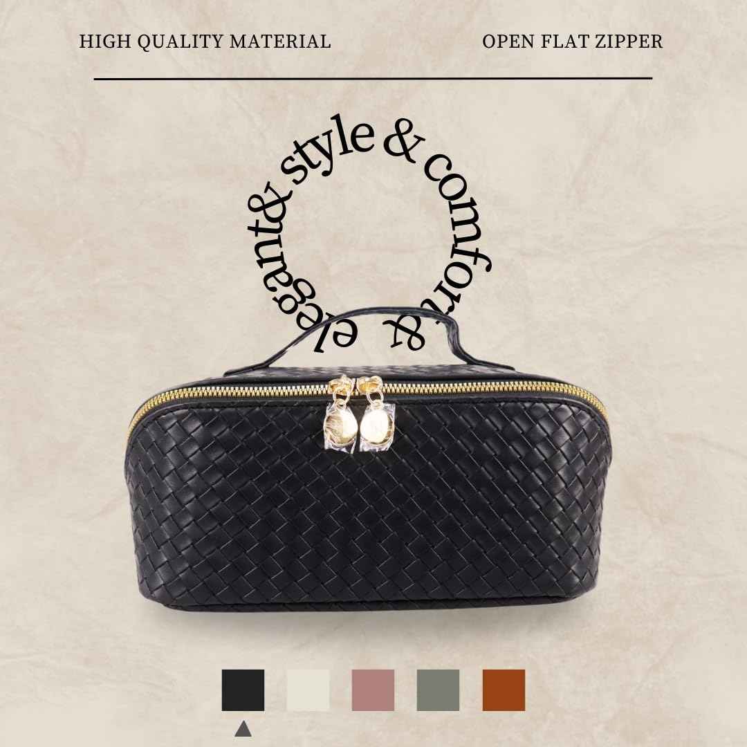 Large Capacity PU Leather Makeup Bag Organizer – Waterproof Travel Cosmetic Bag with Divider, Open Flat Design, Toiletry Bag for Women (Checkered Black)