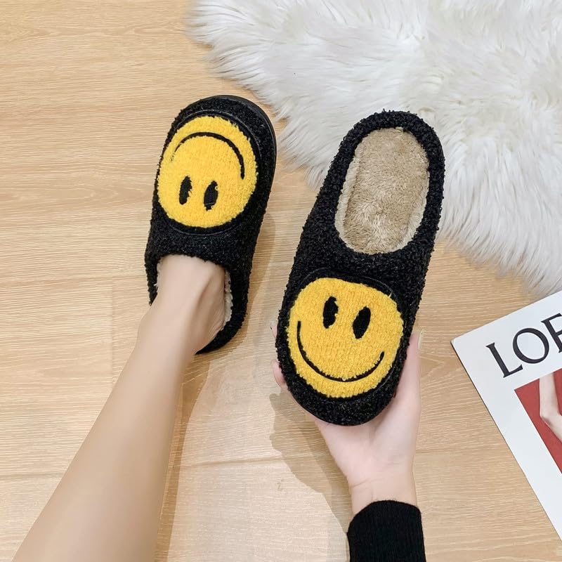 Geibiu Cute Smile Slippers for Women, Retro Soft Plush House Slippers, Warm Cozy Fuzzy Fluffy Happy Face Slippers,Slip-on Indoor Outdoor Preppy Slippers Shoes,Black Yellow