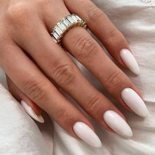 YOSOMK White Fake Nails Medium Almond Press on Nails with Design Pure Color Glossy Stick on Nails Acrylic Glue on False Nails for Women