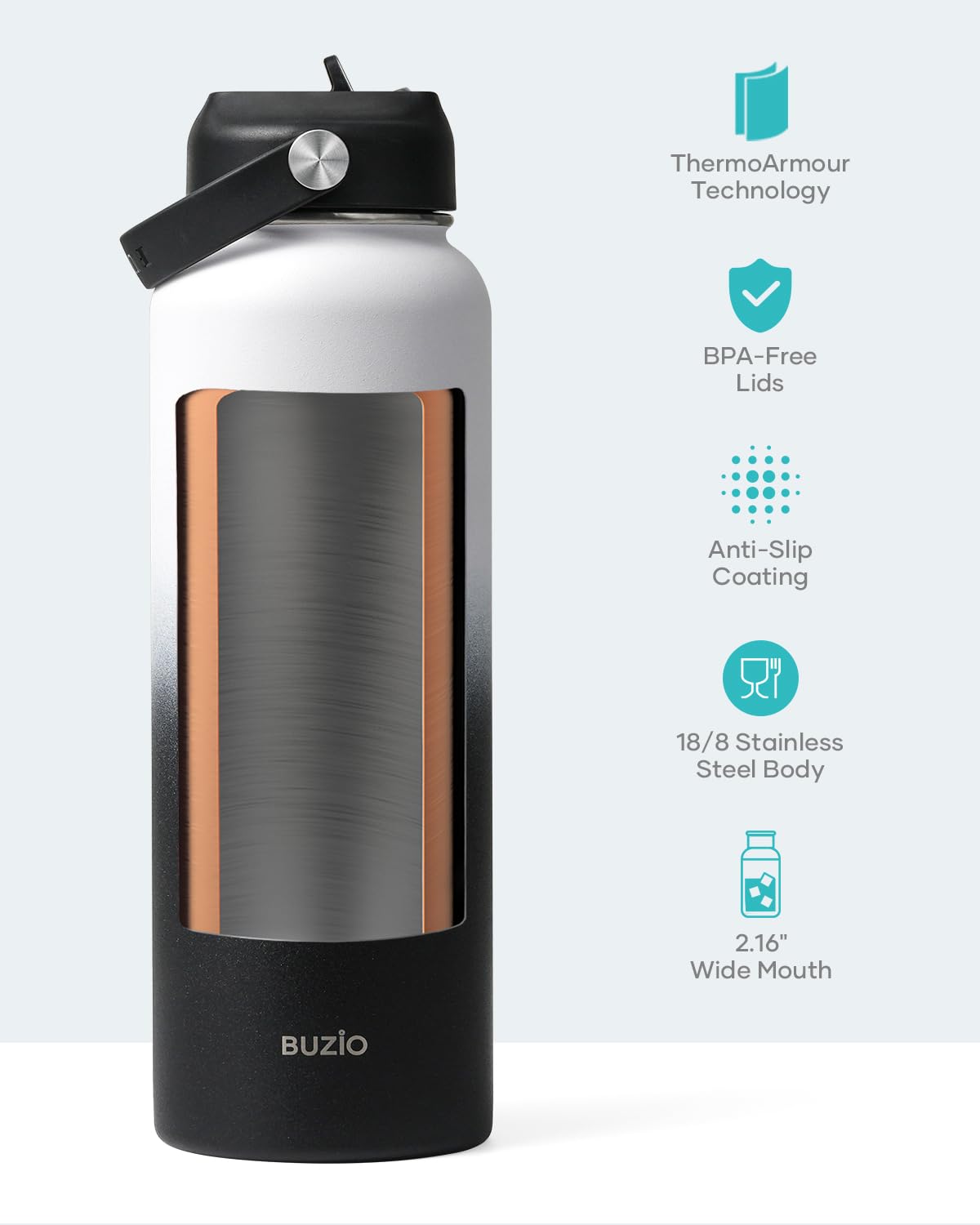 BUZIO Insulated Water Bottle with Straw Lid and Flex Cap, 40oz Modern Double Vacuum Stainless Steel Water Flask, Cold for 48 Hrs Hot for 24 Hrs Simple Thermo Canteen Mug, White and Black