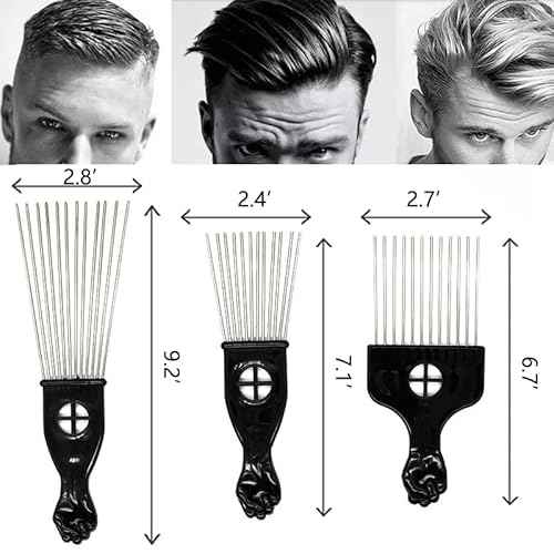 Black Metal Afro Pick Combs for Curly Hair - Detangle & Style Comb for Women and Men, Durable Plastic & Metal, Fist Design for Hair Styling, Perfect for Wigs (3 Pack Hair Comb, Count, 3)
