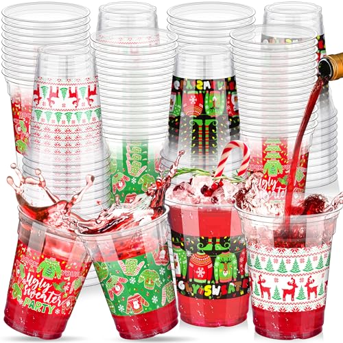 Kochorie 120 Pieces Christmas Sweater Plastic Cups 16 Oz Christmas Disposable Plastic Cups Xmas Tree Santa Reindeer Snow Drinking Cups for Christmas Party Supplies, Merry Christmas Party Decorations