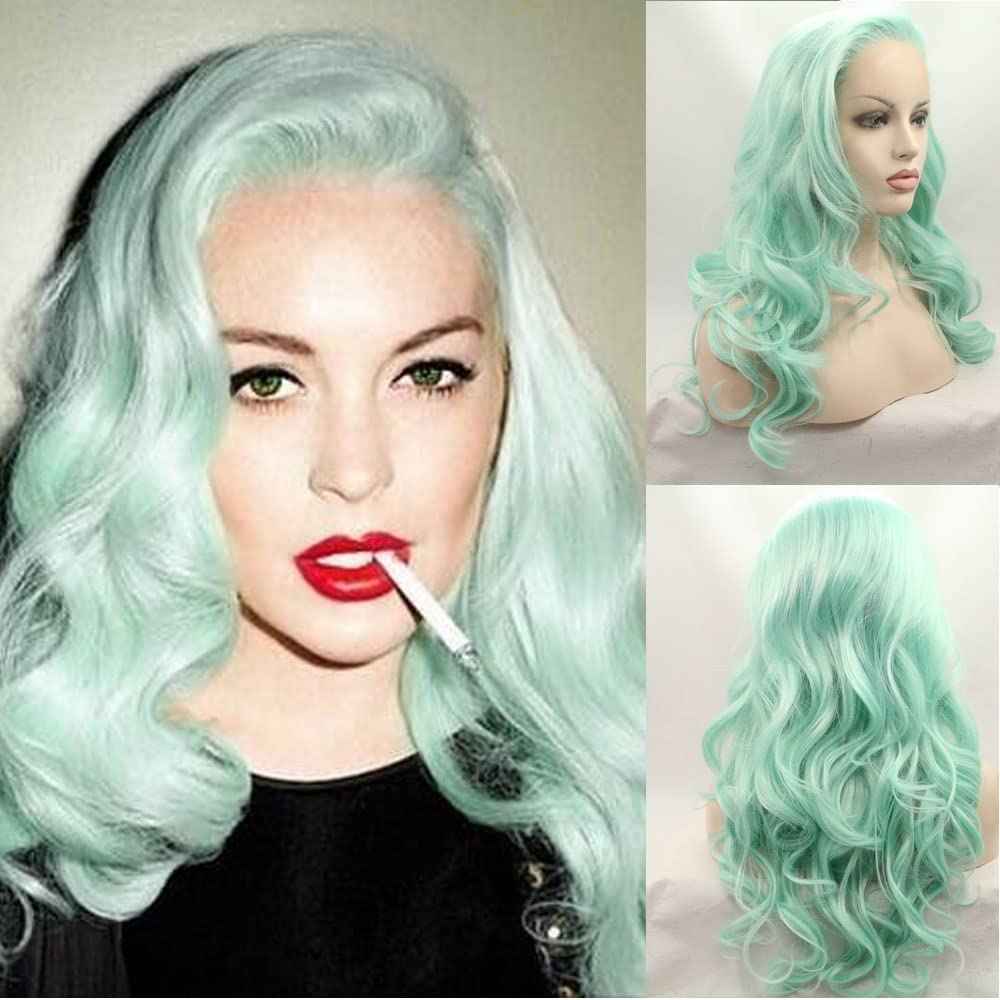Xiweiya Mint Green Lace Wig Heat Resistant Fiber Hair Mermaid Green Blue Color Mixed Synthetic 13*3 Lace Front Wig for Women Hair Replacement Wig Half Hand Tied 24" Wig