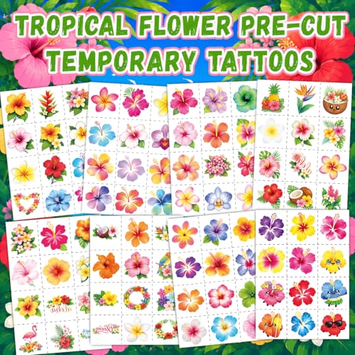 96 Tropical Flower Temporary Tattoos - Hibiscus Hawaiian Party Favors