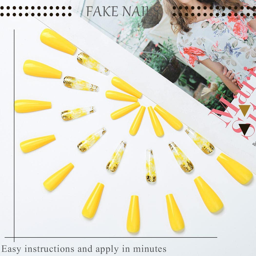 Outyua Glossy Smoke Pattern Fake Nails Coffin Yellow Extra Long Press on Nails with Design Ballerina Acrylic Super Long False Nails Designer Full Cover Artificial Nails for Women and Girls 24Pcs (Yollow)