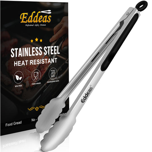 Eddeas Kitchen Tongs - 12 inch Heavy Duty Food Tongs, Ergonomic Grip,Superior Stainless Steel and Non-Slip Heat Resistant handle - Perfect for Cooking, Salad, Grilling, Barbecue,Dishwasher safe