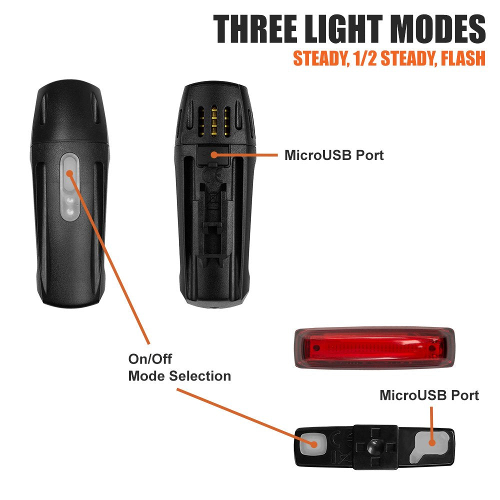 BV Super Bright Bike Light Set USB Rechargeable - Headlight & Taillight, Waterproof IP44 Bicycle Light, 3 Light Modes Including Flash Mode for Safety, Easy to Install and Fits All Bicycles