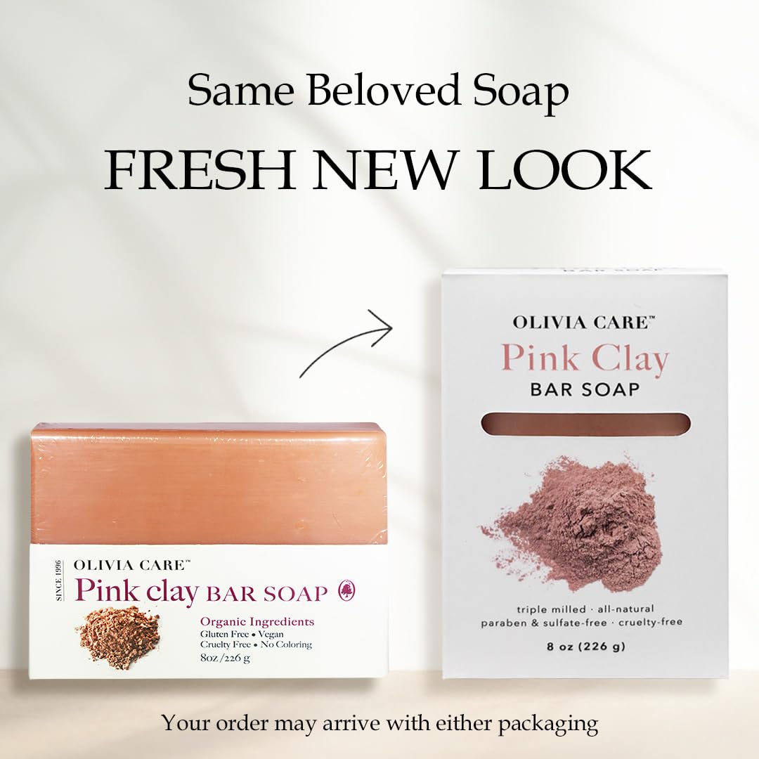 Olivia Care Pink Clay Bar Soap 100% Natural, Vegan & Organic - For Face & Body -Detoxify, Exfoliate, Hydrate, Moisturize & Deep Clean - Leave Skin Soft & Silky - Sustainable Palm Oil - 8 OZ