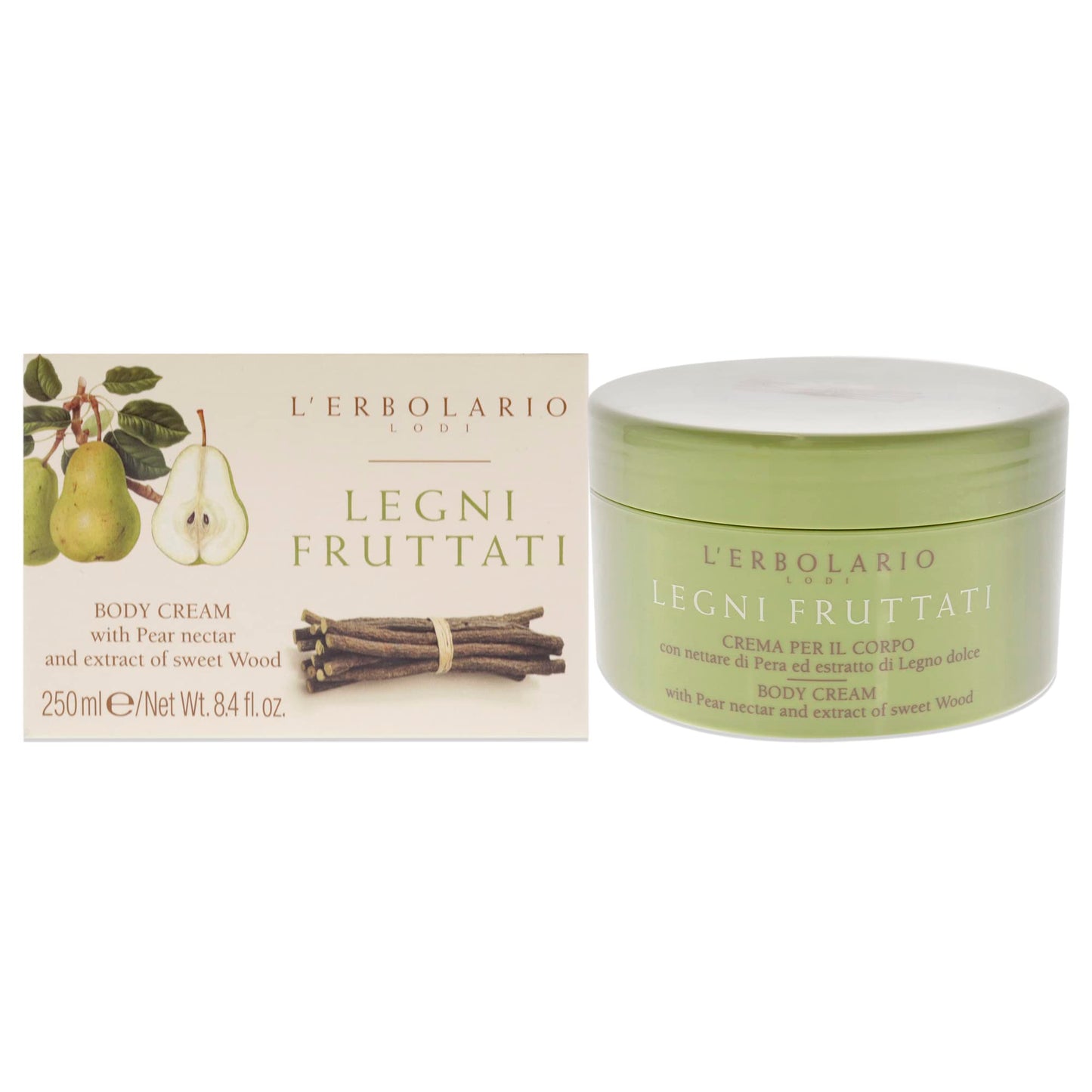 L'Erbolario Body Cream - Moisturizing Body Butter for Dry Skin - Anti-Aging, Toning Skin Care with Woody Scent - Pear Nectar and Sweet Woods - 8.4 oz