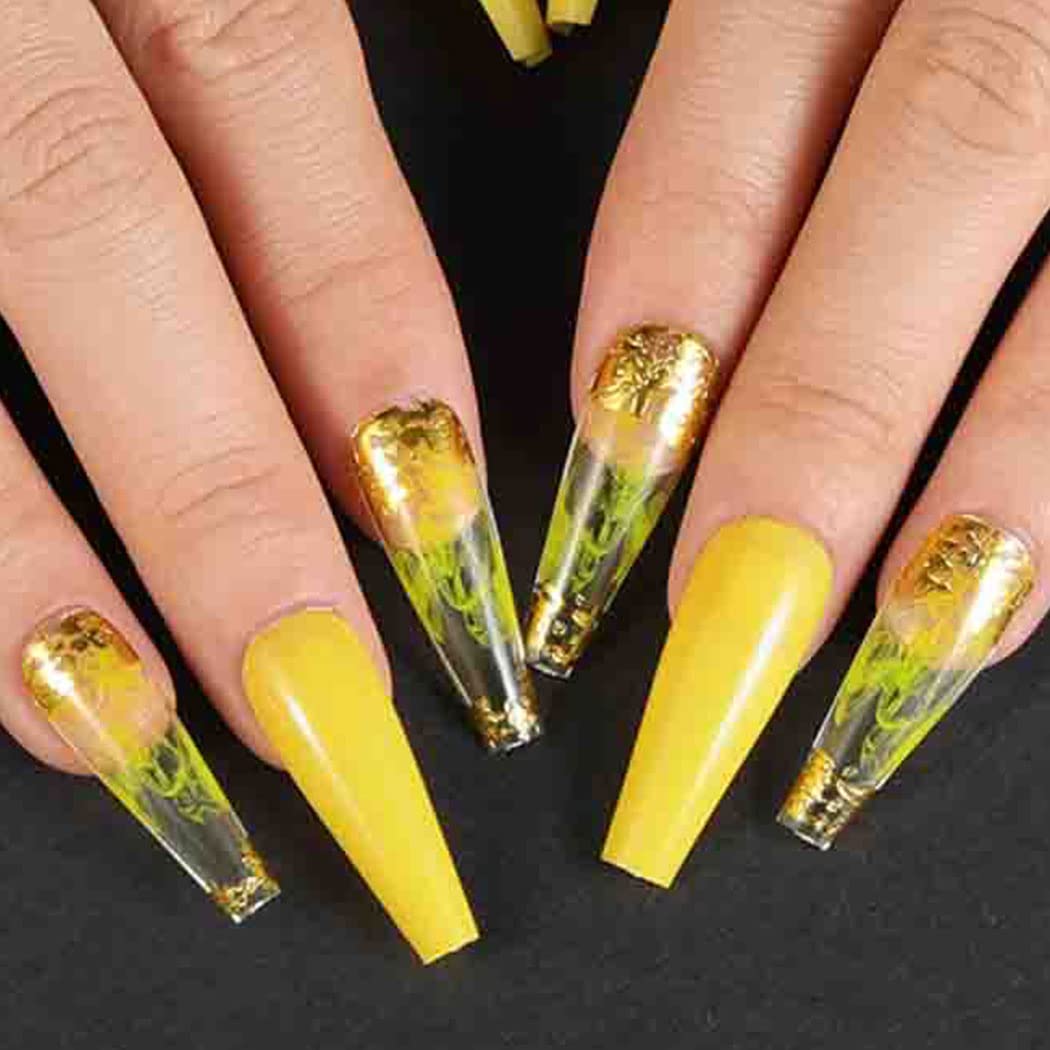 Outyua Glossy Smoke Pattern Fake Nails Coffin Yellow Extra Long Press on Nails with Design Ballerina Acrylic Super Long False Nails Designer Full Cover Artificial Nails for Women and Girls 24Pcs (Yollow)