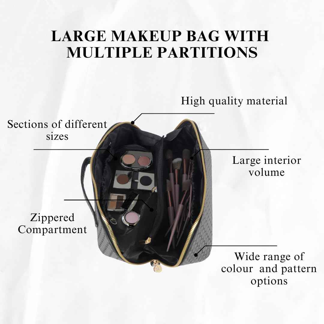 Large Capacity PU Leather Makeup Bag Organizer – Waterproof Travel Cosmetic Bag with Divider, Open Flat Design, Toiletry Bag for Women (Checkered Black)