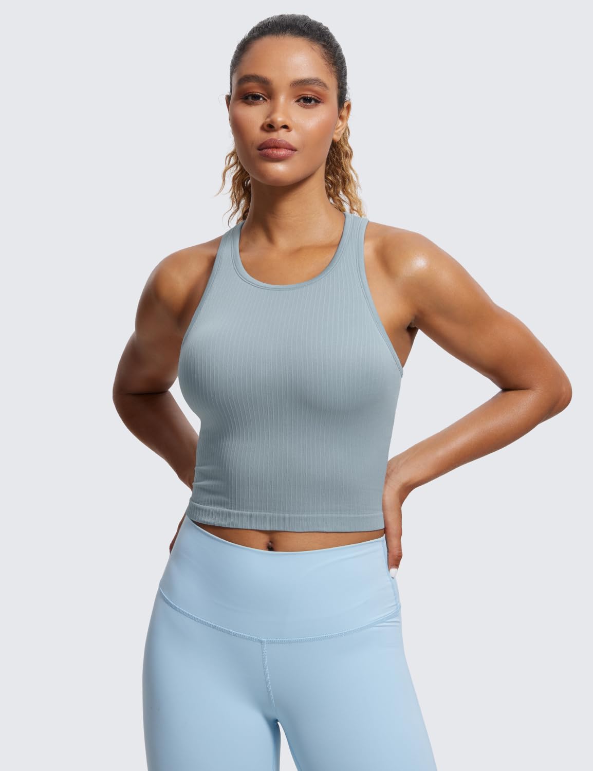 CRZ YOGA Womens Seamless Ribbed Longline High Neck Sports Bra - Racerback Padded Slim Fit Crop Tank Top with Built in Bra Cambric Blue XX-Small