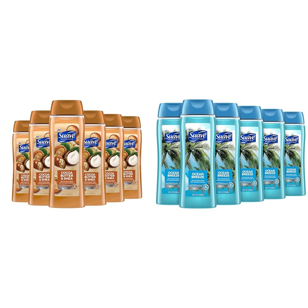 Suave Body Wash Bundle - Cocoa Butter & Shea and Ocean Breeze Scents, 18 Oz Packs of 6