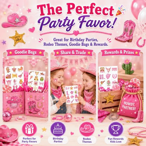 96 PCS Cowgirl Temporary Tattoos for Kids - Western Party Favors