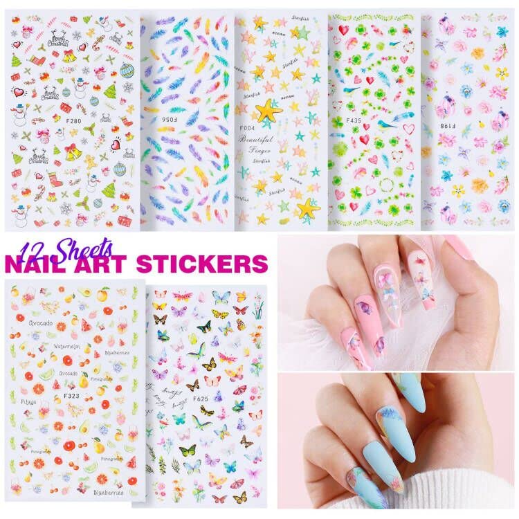 Teenitor Nail Stickers, 12 Sheets Nail Art Stickers 3D Self-Adhesive and 5 Boxes Butterfly Nail Sequins Heart Glitter Foil Flakes Nail Fruit Slices Nail Decorations for Nail Art