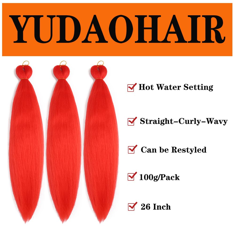 Pre Stretched Braiding Hair 26 Inch Ombre Red Kanekalon Braiding Hair Extensions Hot Water Setting Crochet Box Braids Hair (26 Inch (Pack of 3), Scarlet Red)