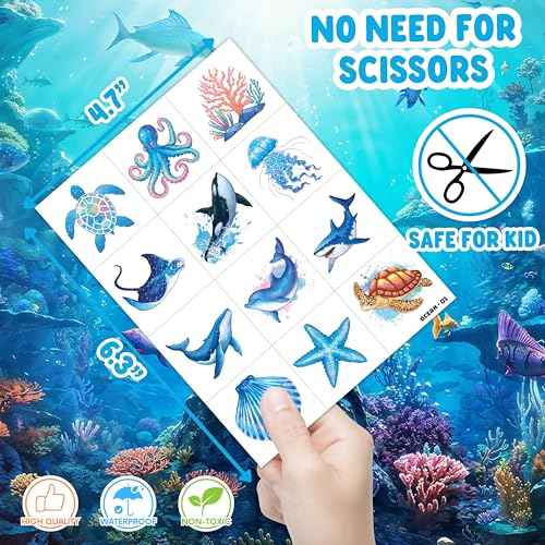 96 PCS Ocean Sea Animal Shark Whale Fish Pre-Cut Temporary Tattoos for Kids | Super Cute Themed Birthday Party Favors, Supplies, Decorations, Fake Tattoo Stickers (Multiple)