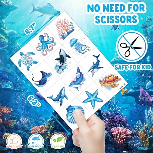 120 PCS Ocean Temporary Tattoos for Kids - Pre-Cut Sea Animal Stickers