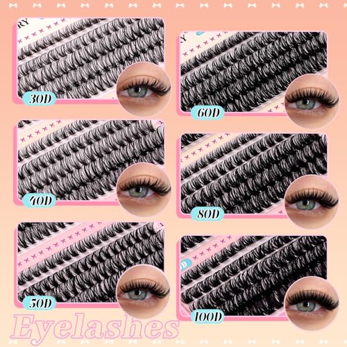 GEMERRY 565Pcs Lash Clusters D Curl Volume Eyelashes Clusters Extensions with Thin Band for DIY at home (30D+40D+50D+60D+80D+100D, 8-16mm)
