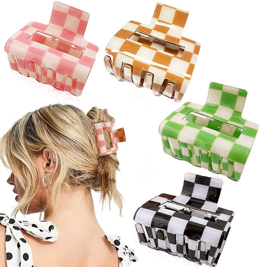 4 Pack Ahoney Checkered Y2K Claw Clips for Thin Hair - Cute 2" Aesthetic Barrettes, 90s Hair Accessories for Women and Y2K Tops