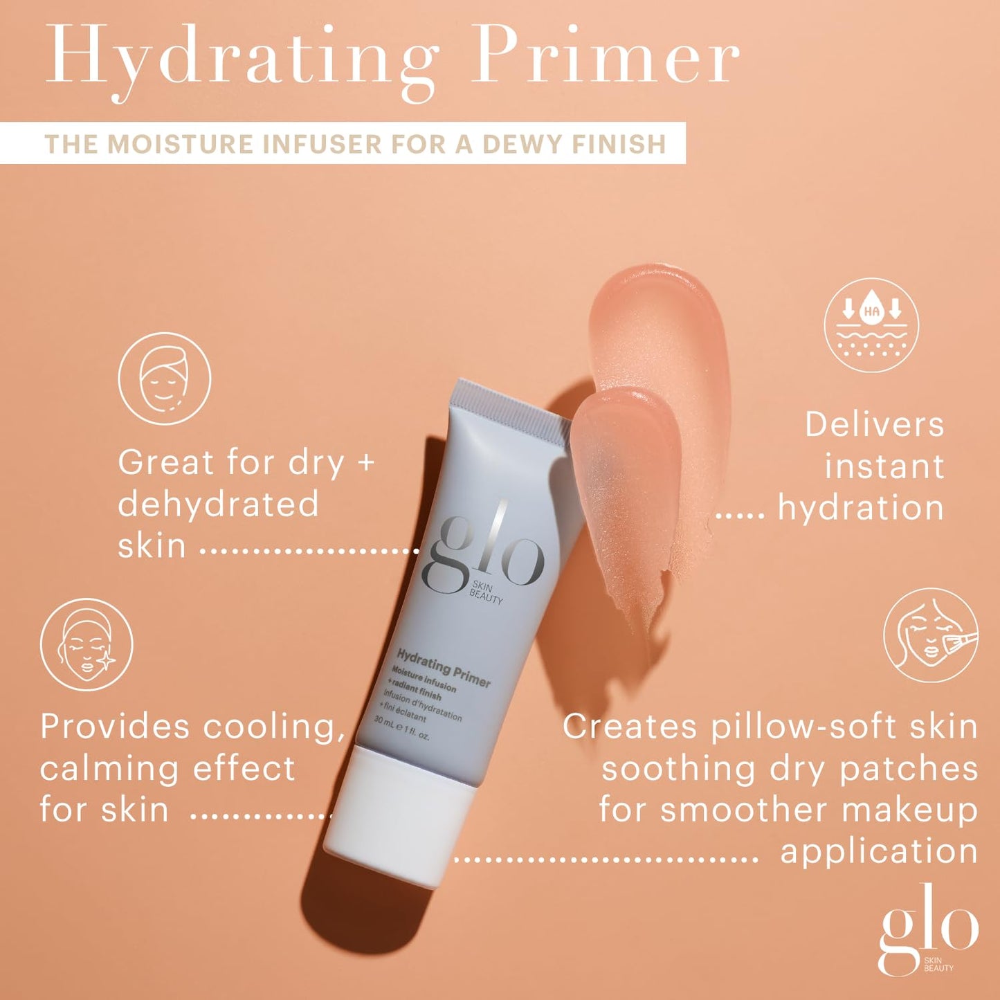 Glo Skin Beauty Hydrating Primer with Hyaluronic Acid - Replenish Moisture and Plump Skin for Smoother Makeup Application, for Dry + Dehydrated Skin, Dewy Finish