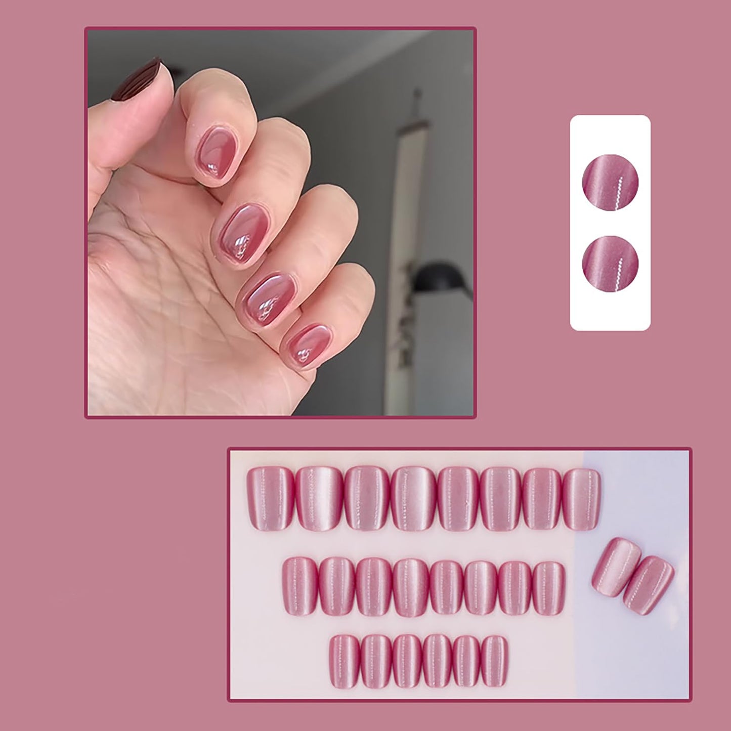 24 Pcs RIICFDD Rose Pink Press on Nails Short Square Fake Nails Cat Eyes False Nails Solid Color Designs Nails Glossy Full Cover Acrylic Nails Cat Eyes Gel Nail Polish Stick on Nails for Women Girls