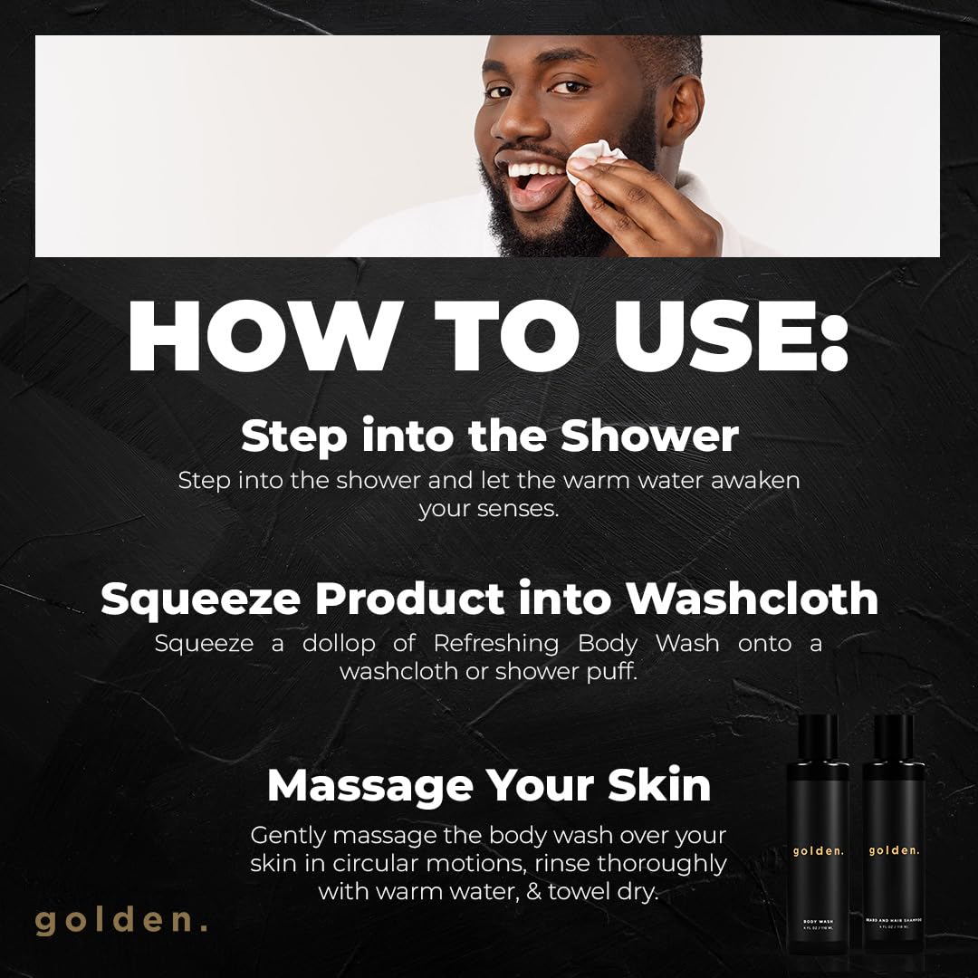 Golden Grooming Co. 3-in-1 Men's Body Wash - Hair & Beard Shampoo - Cleanses, Hydrates, Softens - Body Wash for All Skin Types - Refreshing Scent - Shower Double Pack | Pack of 4