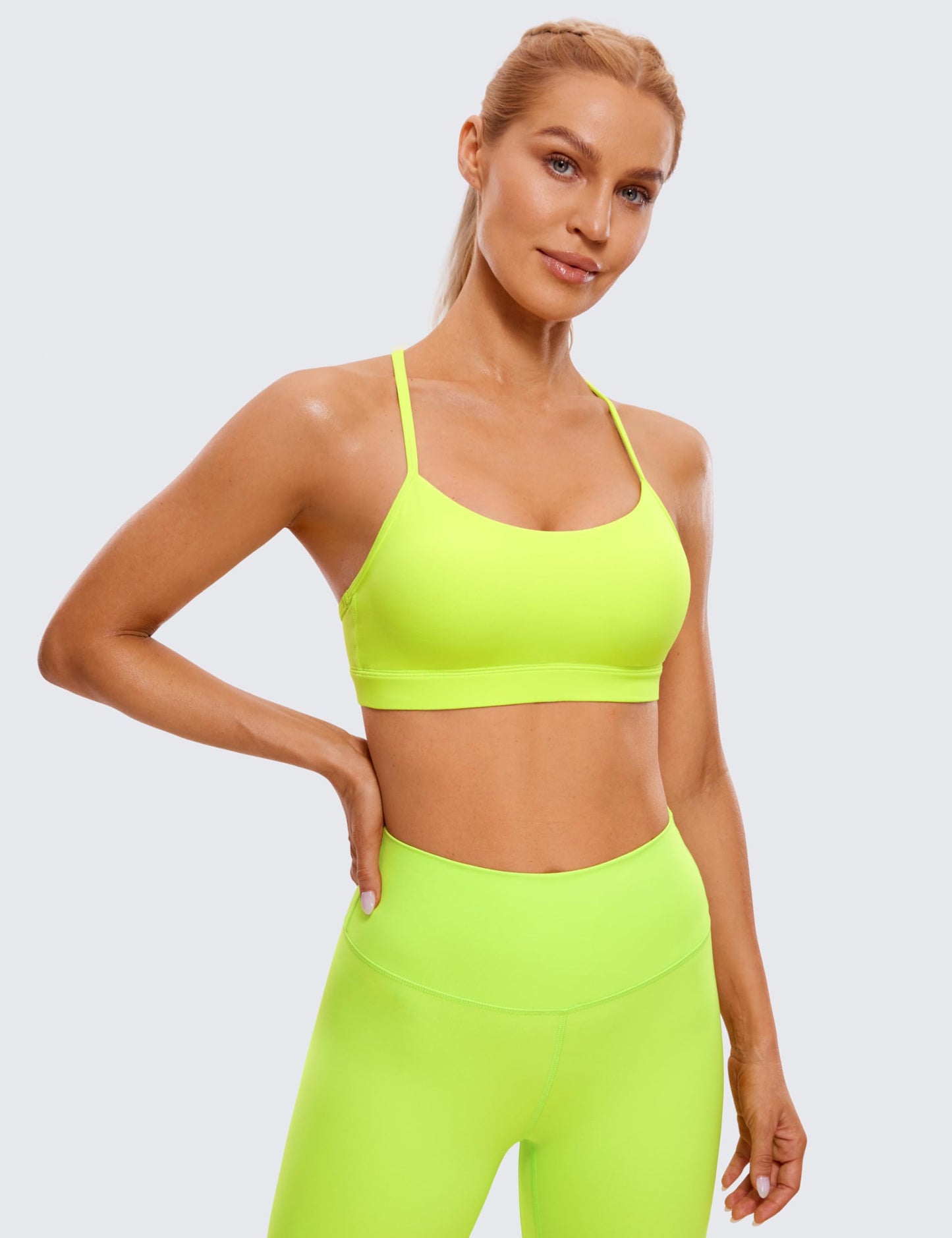 CRZ YOGA Butterluxe Womens Y Back Sports Bra - Padded Racerback Low Impact Spaghetti Thin Strap Workout Yoga Bra Neon Yellow X-Small