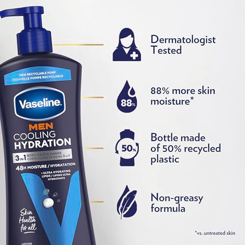 Vaseline Men Cooling Hydration 3-in-1 4 Pack for Dry Skin Face, Hands & Body Lotion for Men with Menthol & Ultra-Hydrating Lipids 20.3 oz