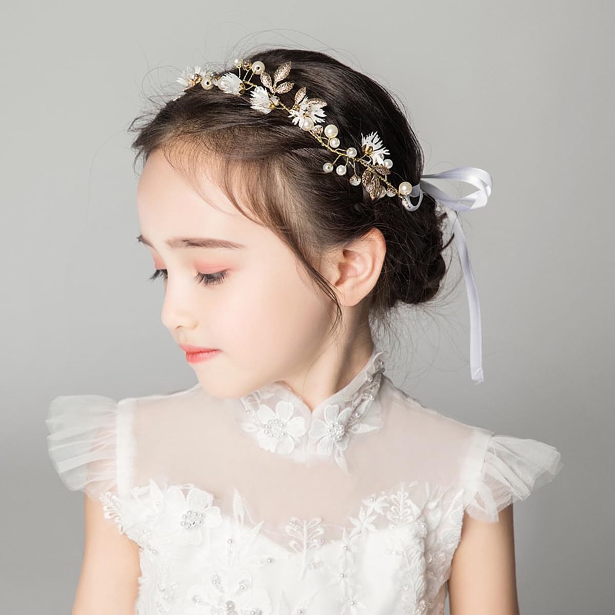 Flower Girl Headpiece Princess Crystal Wedding Headband Baby Girls Flower Crown Pearl Hair Accessories for Birthday Party (gold 2)