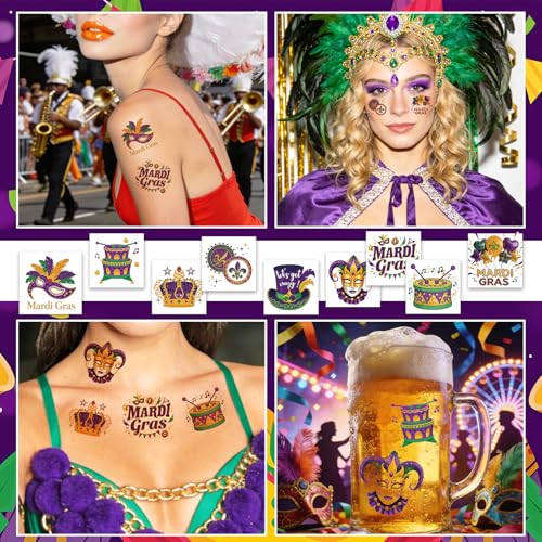 Mardi Gras Decorations, Mardi Gras Decor Temporary Tattoos, Mardi Gras Freckles Face Tattoos with Body Glitter Temporary Tattoo Stickers for Women, Teen Girls, Party Costume Outfit Makeup