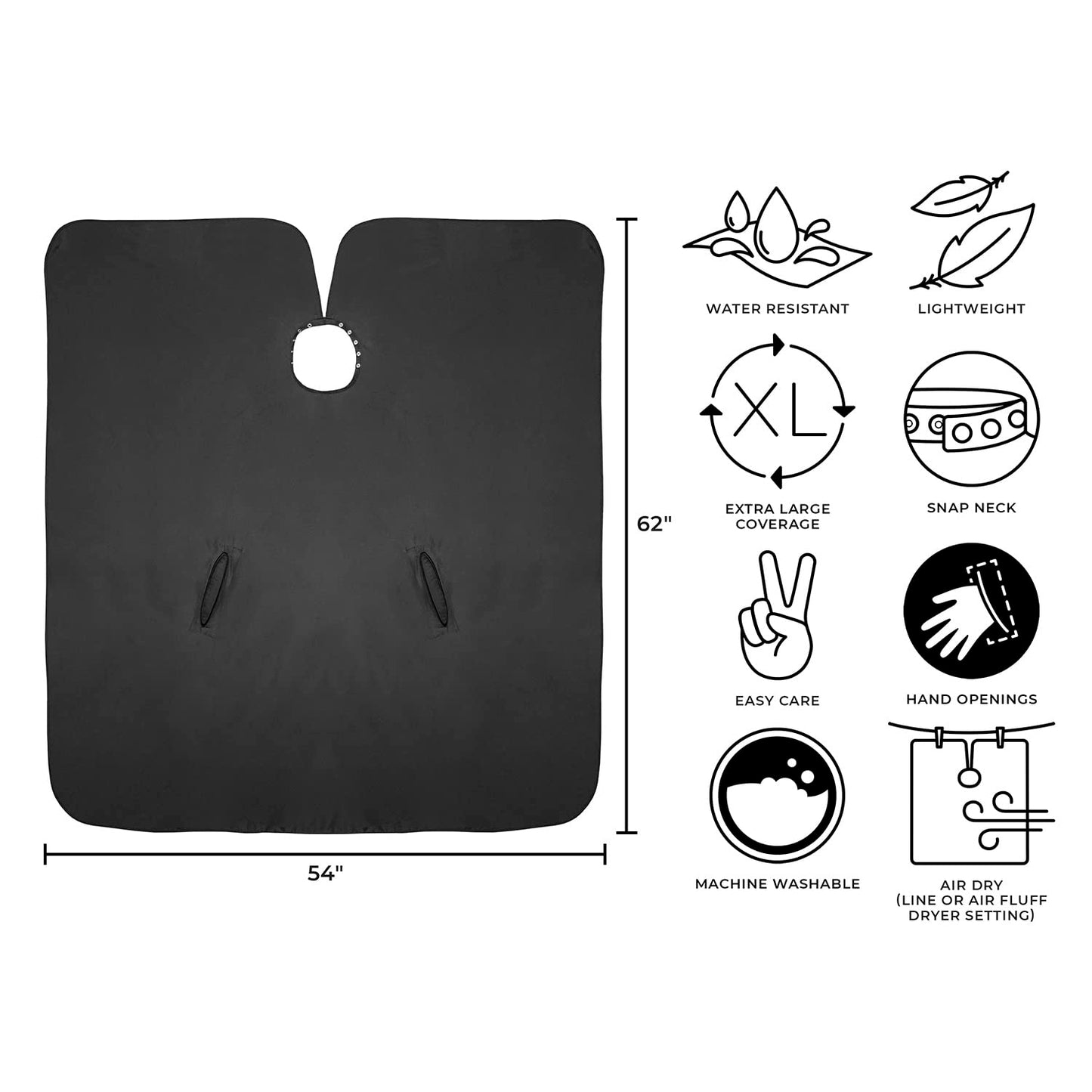 Cricket Hand Talker Salon Barber Cape – Haircutting Cape with Hand Openings for Client Mobility, Water-Resistant – Capes for Hair Stylists & Professionals – 54" x 62", Black