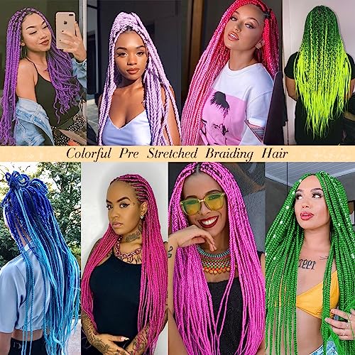 Unionbeauty 26 Inch 2 Packs Pre Stretched Braiding Hair Pink Light Green Blue Ombre Braiding Hair for Box Braids Yaki Texture Hot Water Setting Easy Braid Hair Extensions Synthetic Braiding Hair