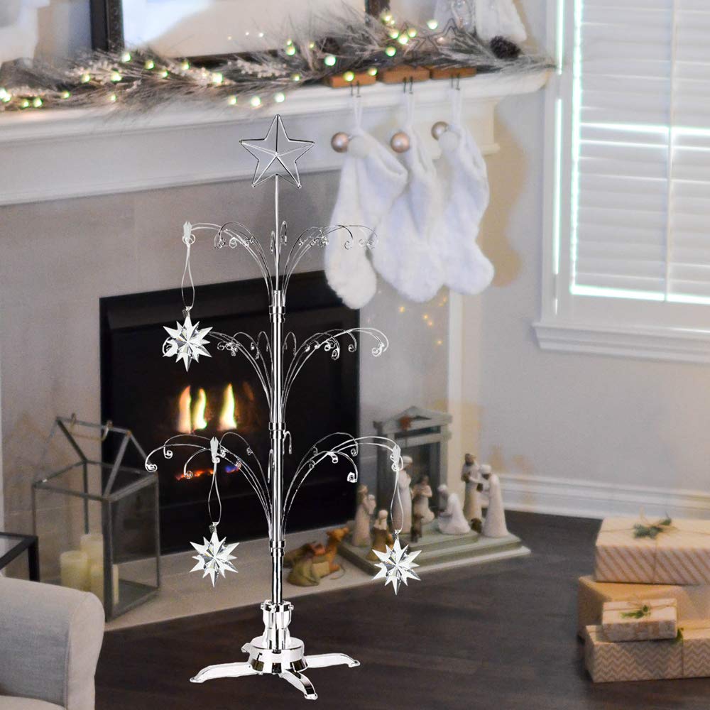 HOHIYA 47 Inch Ornament Display Tree Metal Christmas Stand Rotating Chrome Silver 60 Hooks Hanger Wire Hanging for Swarovski 2024 Crystal Glass Decorations Gift Taiwan Made