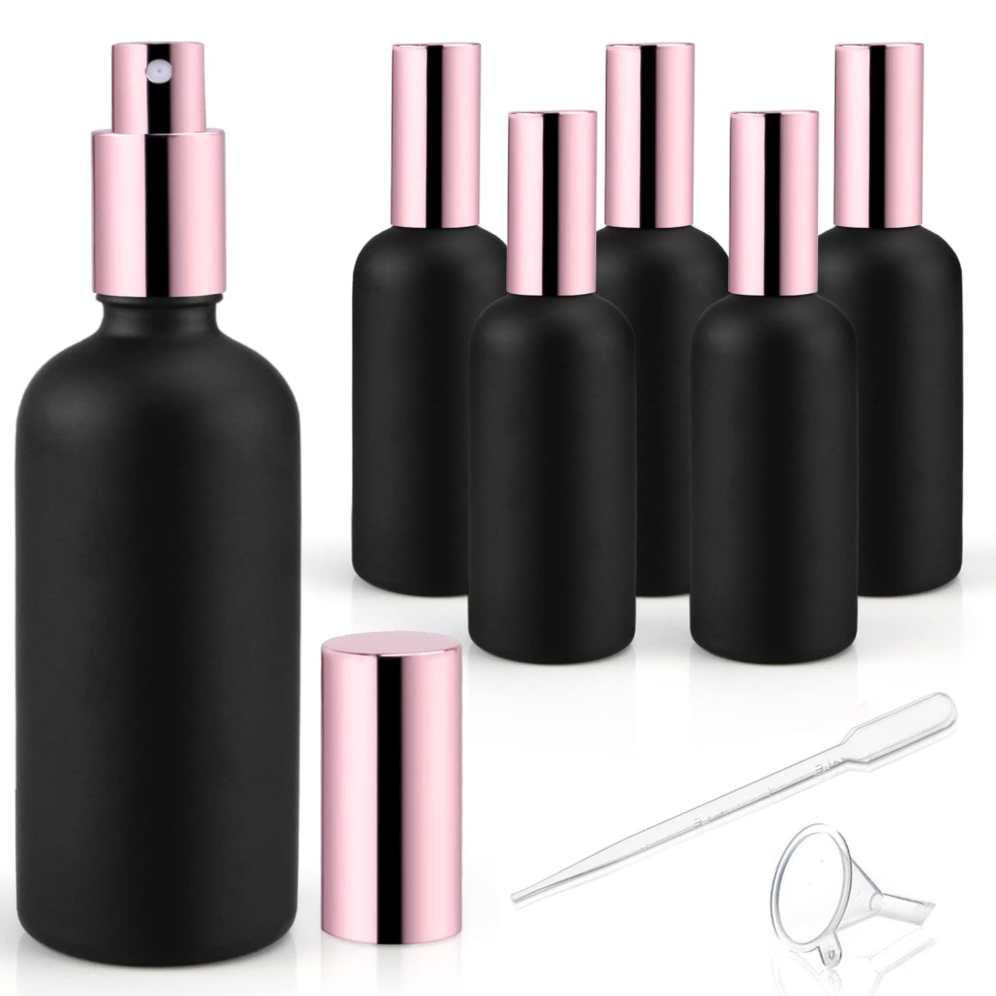 DMuuuDM 6 Pack 3.4 Oz Black Frosted Glass Spray Bottles,Empty Perfume Fine Mist Atomizer,Rose-Golden Pump Head Travel Liquid Holder Containers for Cologne,Essential Oils,Body Sprays-Funnel&Pipette