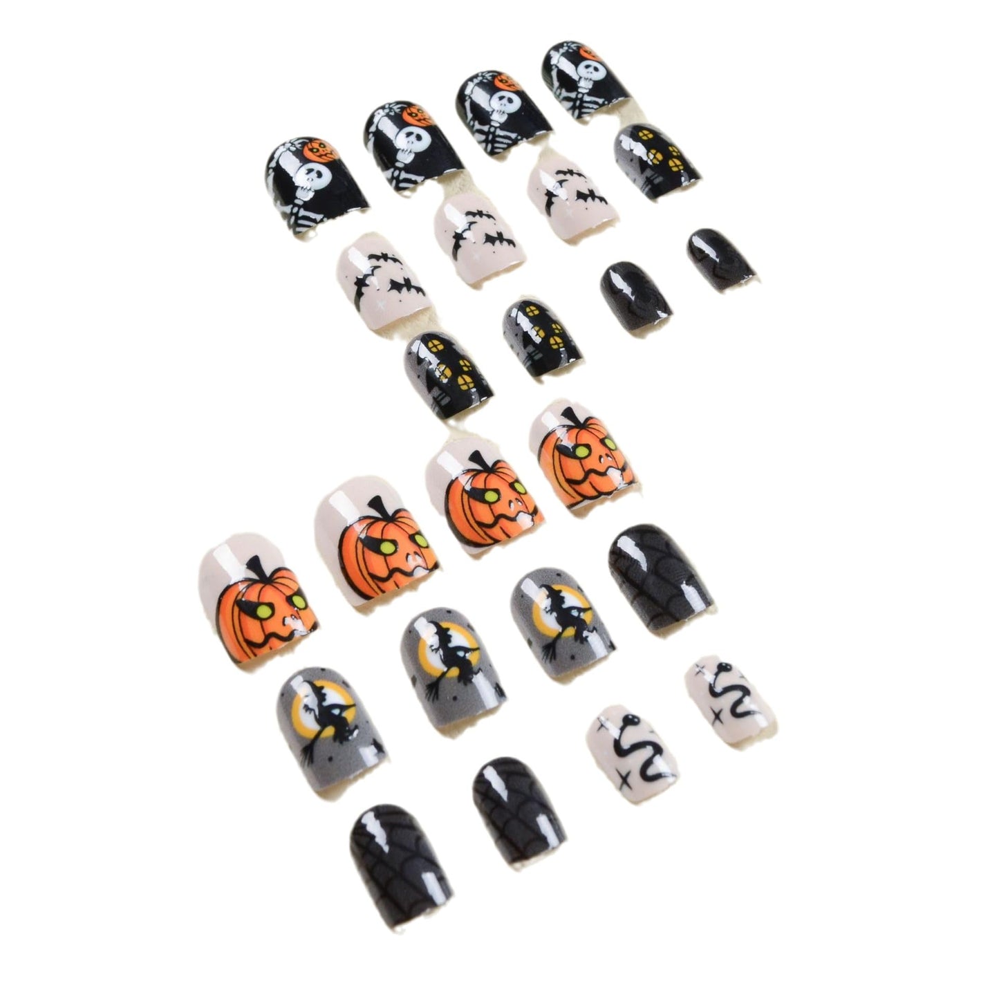 Halloween Press on Nails Short Square Fake Nails Horror Pumpkin Ghost Spider Full Cover Glue on Nails with Snake Black Spider Web Star Design Artificial False Nails Stick on Nails for Women DIY,24Pcs