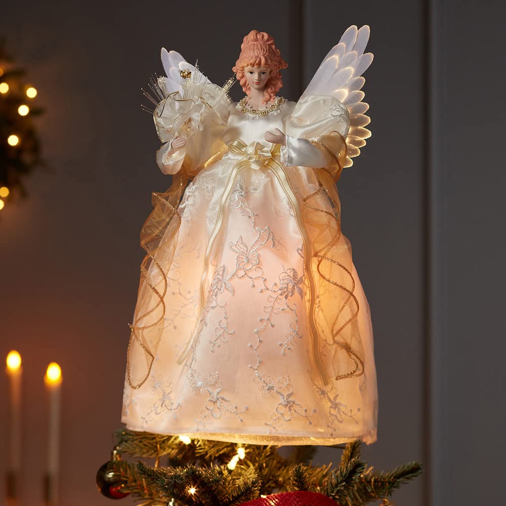 Kurt Adler 14-Inch Fiber Optic Ivory and Gold Animated Angel Treetop