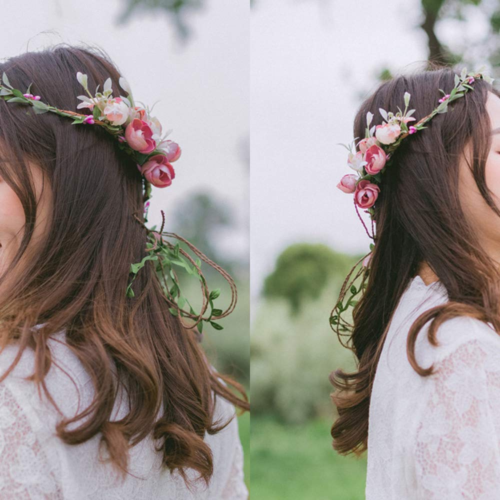 Rose Flower Headband Floral Leaf Crown Hair Bands Leaves Berry Vine Wreath Women Wedding Bridal Hair Hoop Boho Hairband Headpiece Party Decoration Cosplay Costume Cute Handmade Hair Accessories Pink