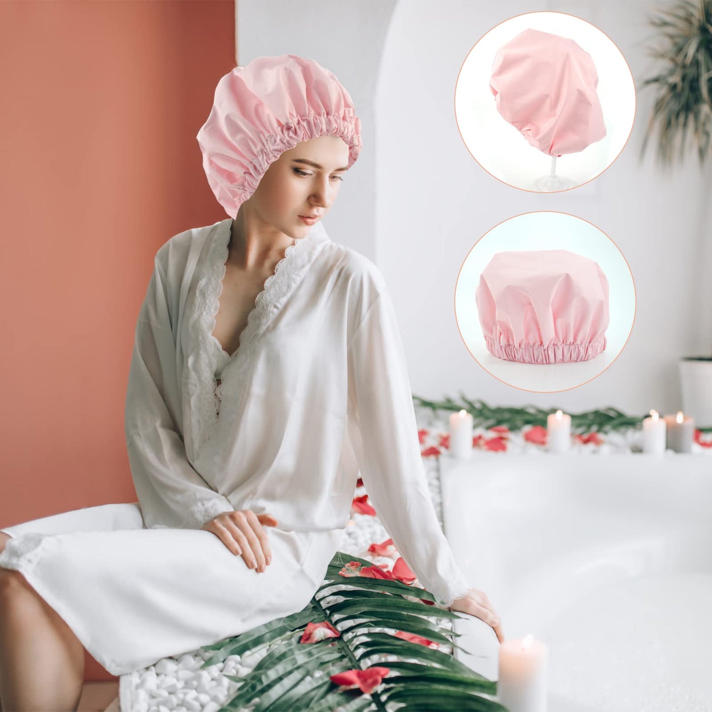 Reusable Shower Cap for Women, Large Waterproof Shower Bonnet Washable Elastic Band Bath Hair Hat for Long Hair, Braids(Pink)