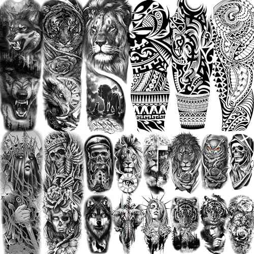 20 Sheets Black Tribal Wolf Tiger Lion Temporary Tattoo Sleeve For Men Adults, 3D Halloween Prison Gothic Maori Sleeve Tattoos For Women, Fake Full Arm Sleeve Tattoo Stickers Skull Skeleton